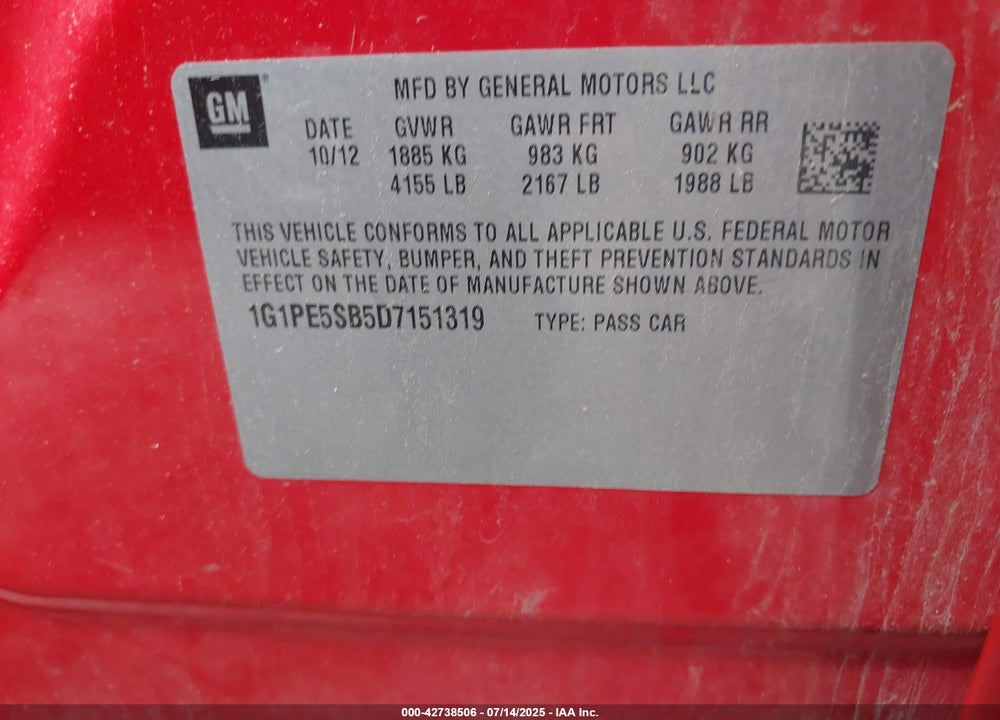 2013 CHEVROLET CRUZE VIN: 1G1PE5SB5D7151319
