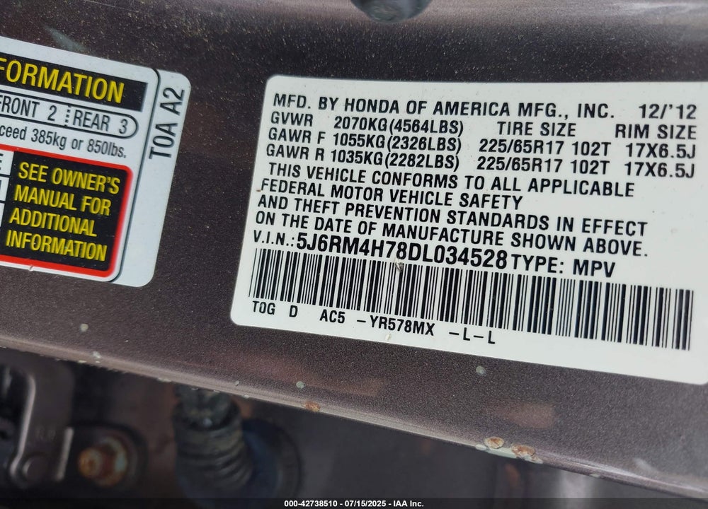 2013 HONDA CR-V EX-L VIN: 5J6RM4H78DL034528