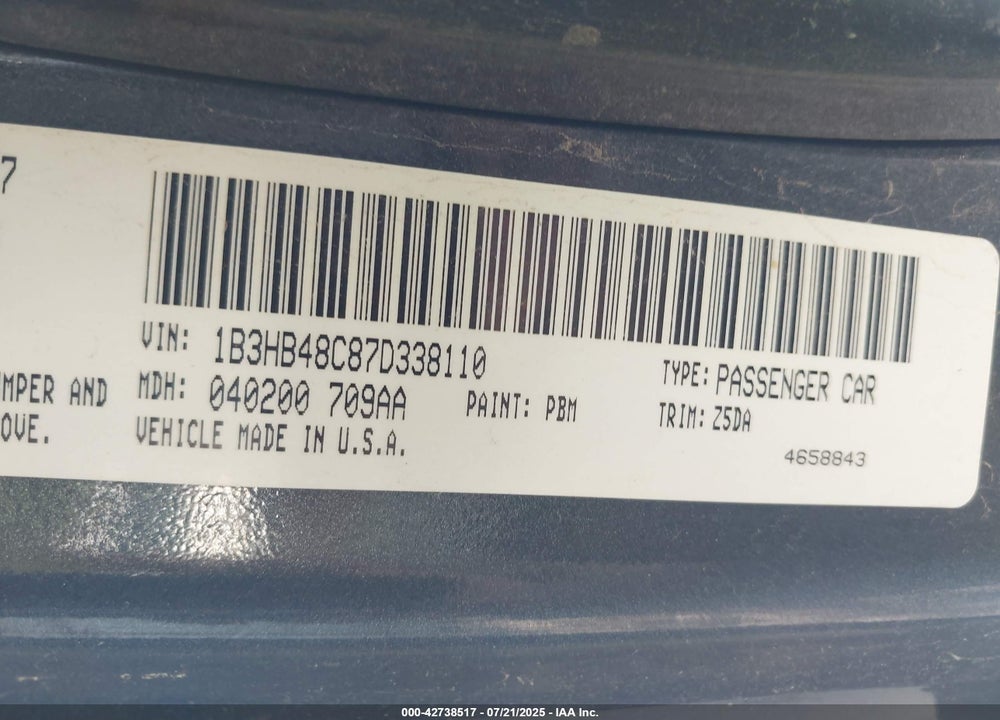 2007 DODGE CALIBER VIN: 1B3HB48C87D338110