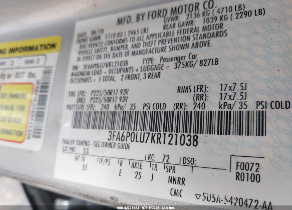 2019 FORD FUSION HYBRID SE VIN: 3FA6P0LU7KR121038