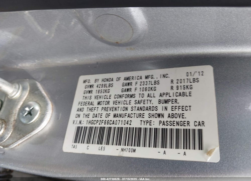 2012 HONDA ACCORD 2.4 SE VIN: 1HGCP2F66CA071042
