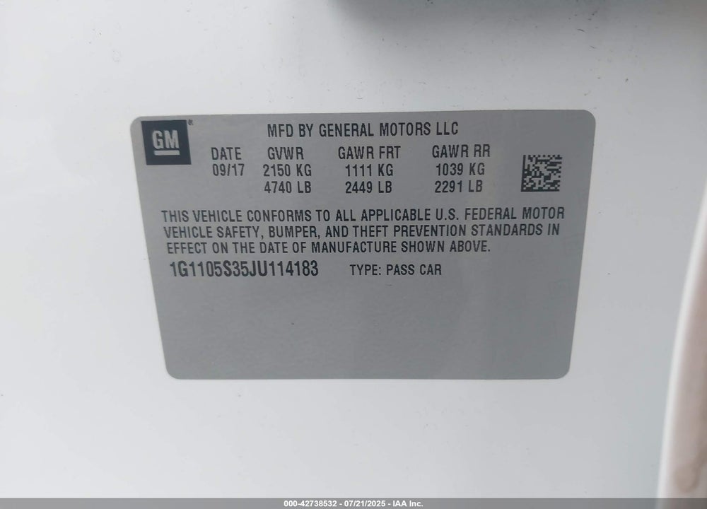 2018 CHEVROLET IMPALA VIN: 1G1105S35JU114183