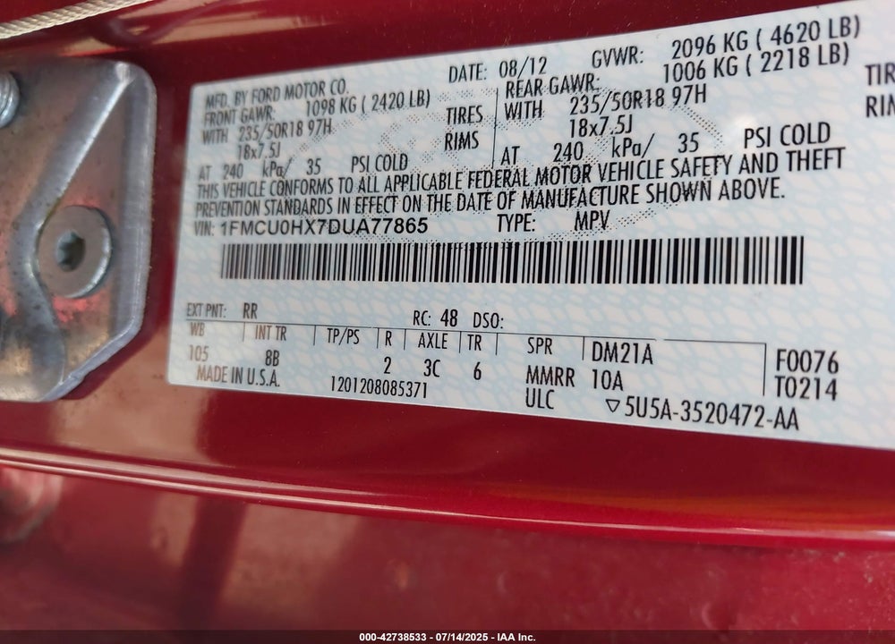 2013 FORD ESCAPE VIN: 1FMCU0HX7DUA77865
