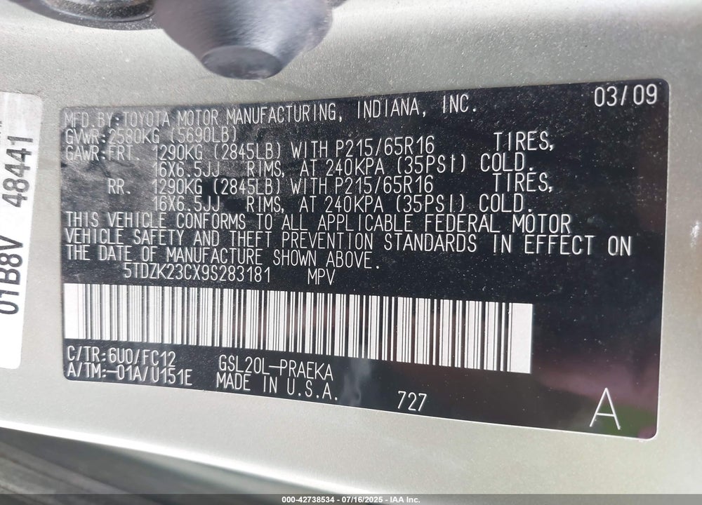 2009 TOYOTA SIENNA LE VIN: 5TDZK23CX9S283181