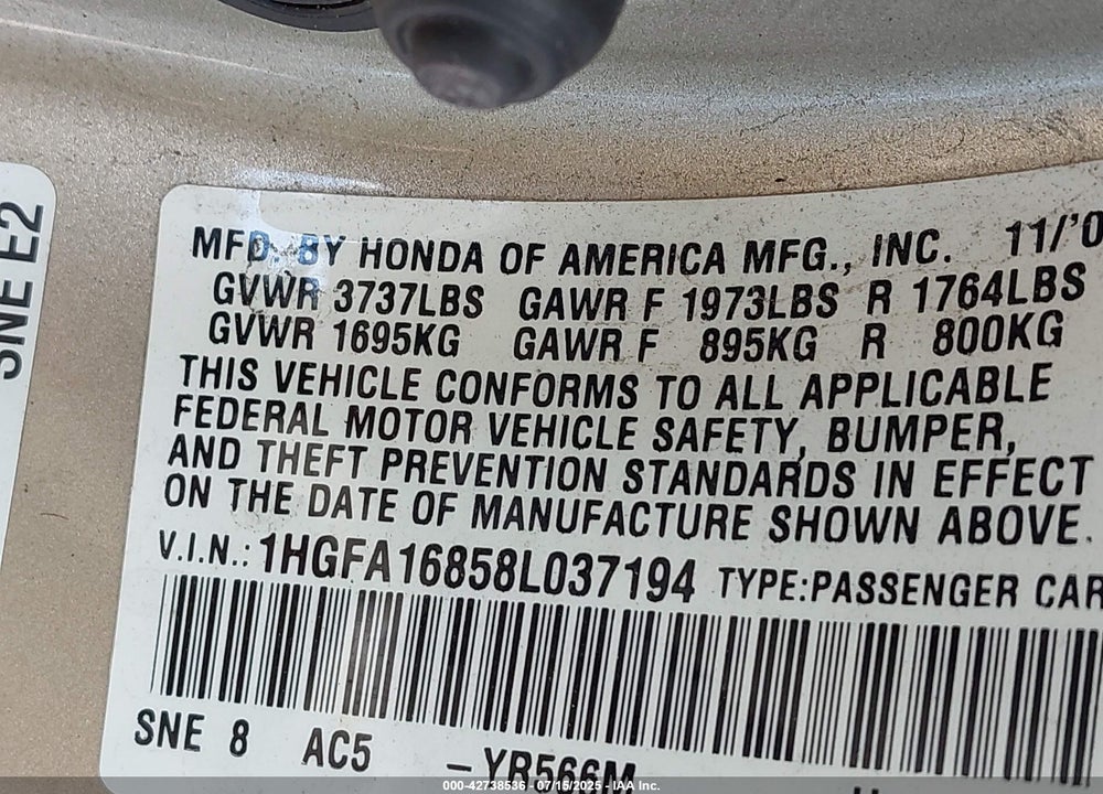 2008 HONDA CIVIC EX VIN: 1HGFA16858L037194