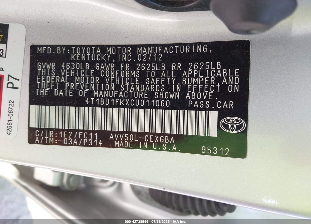 2012 TOYOTA CAMRY HYBRID VIN: 4T1BD1FKXCU011060
