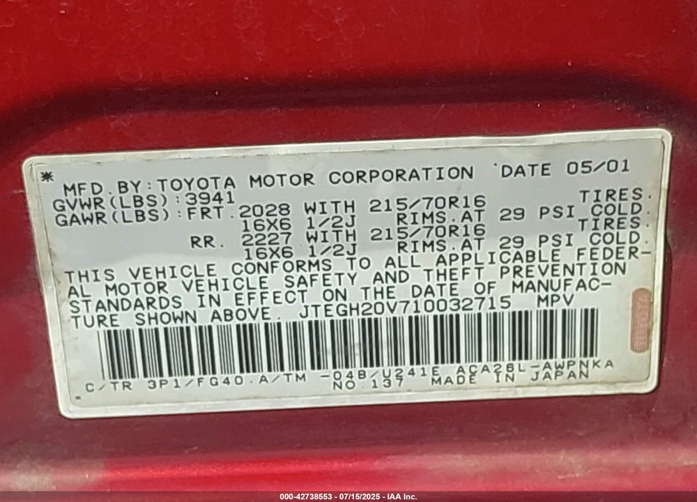 2001 TOYOTA RAV4 VIN: JTEGH20V710032715