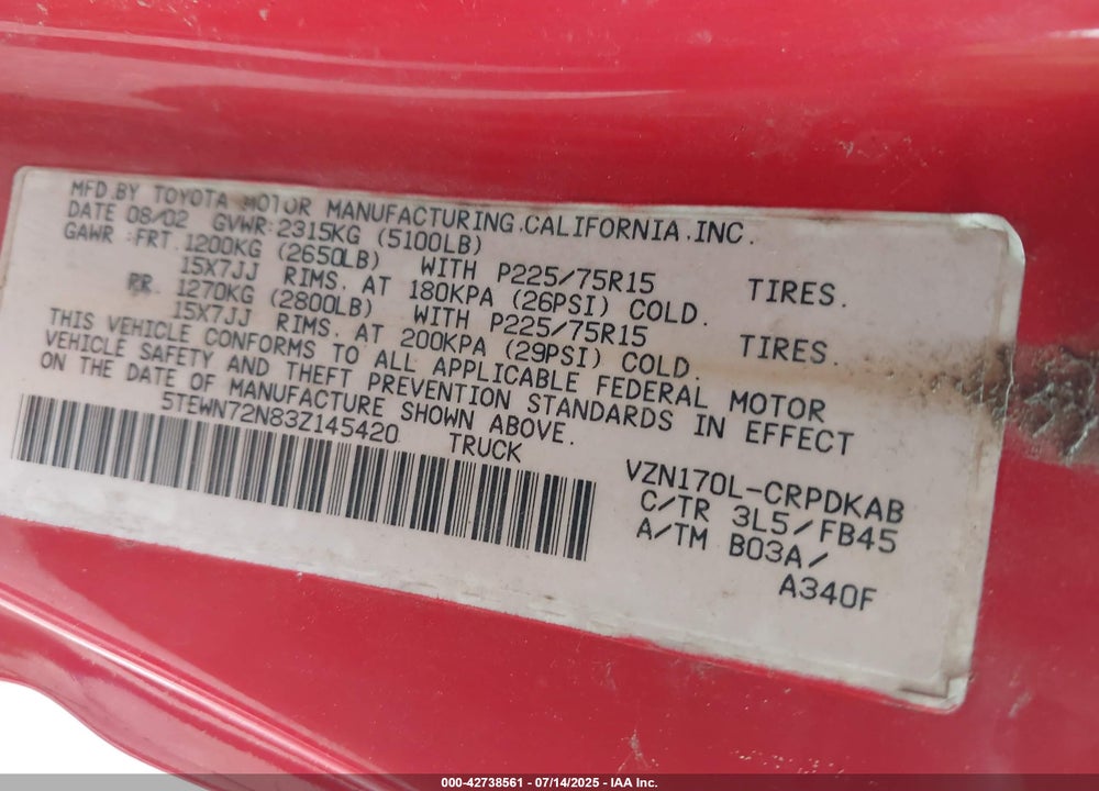 2003 TOYOTA TACOMA BASE V6 VIN: 5TEWN72N83Z145420
