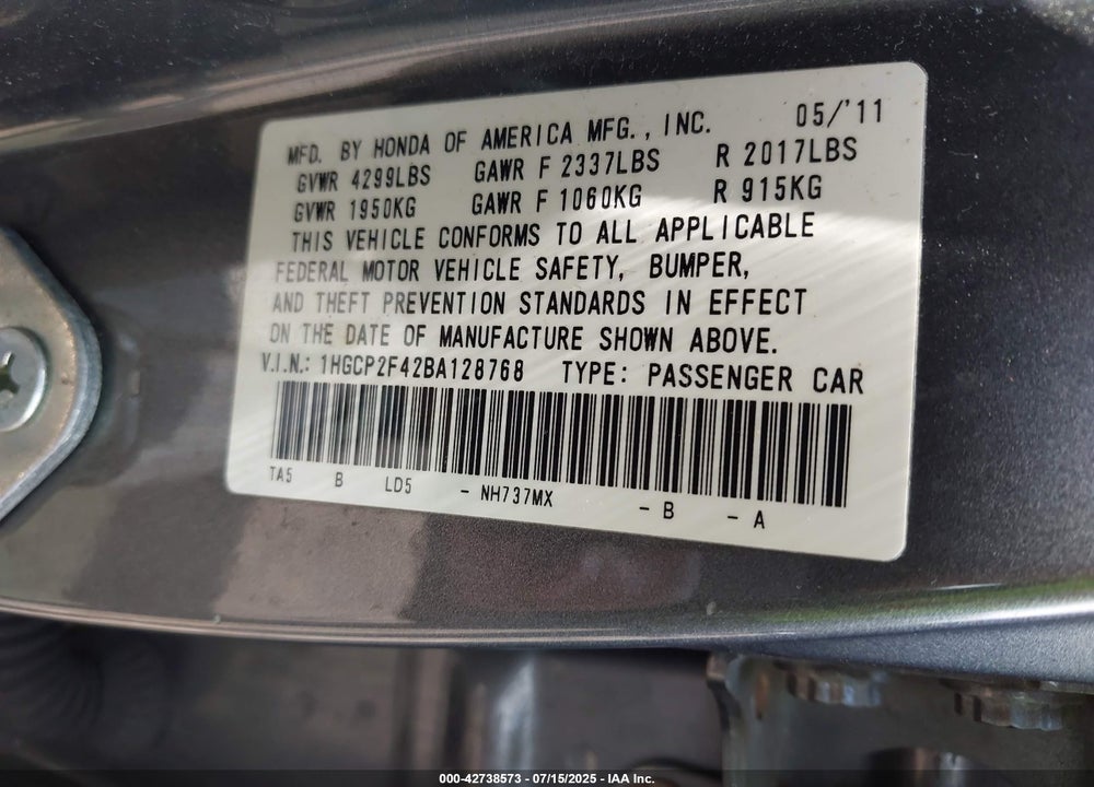 2011 HONDA ACCORD VIN: 1HGCP2F42BA128768