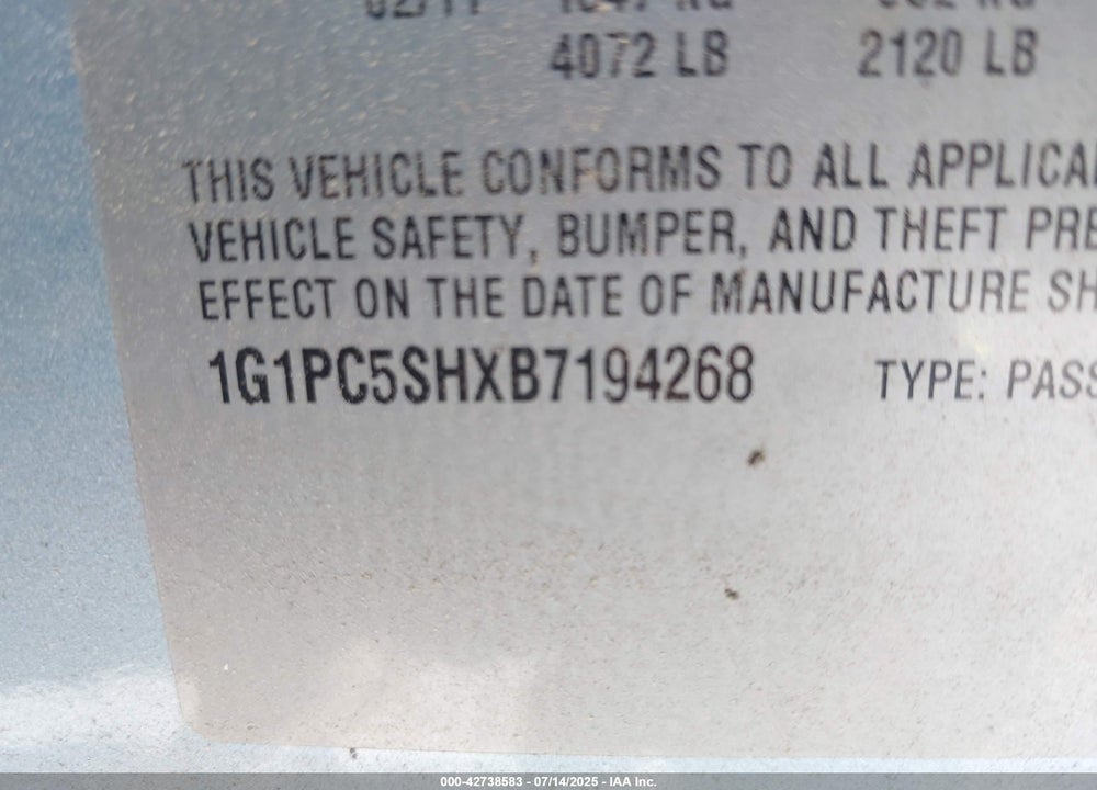 2011 CHEVROLET CRUZE VIN: 1G1PC5SHXB7194268