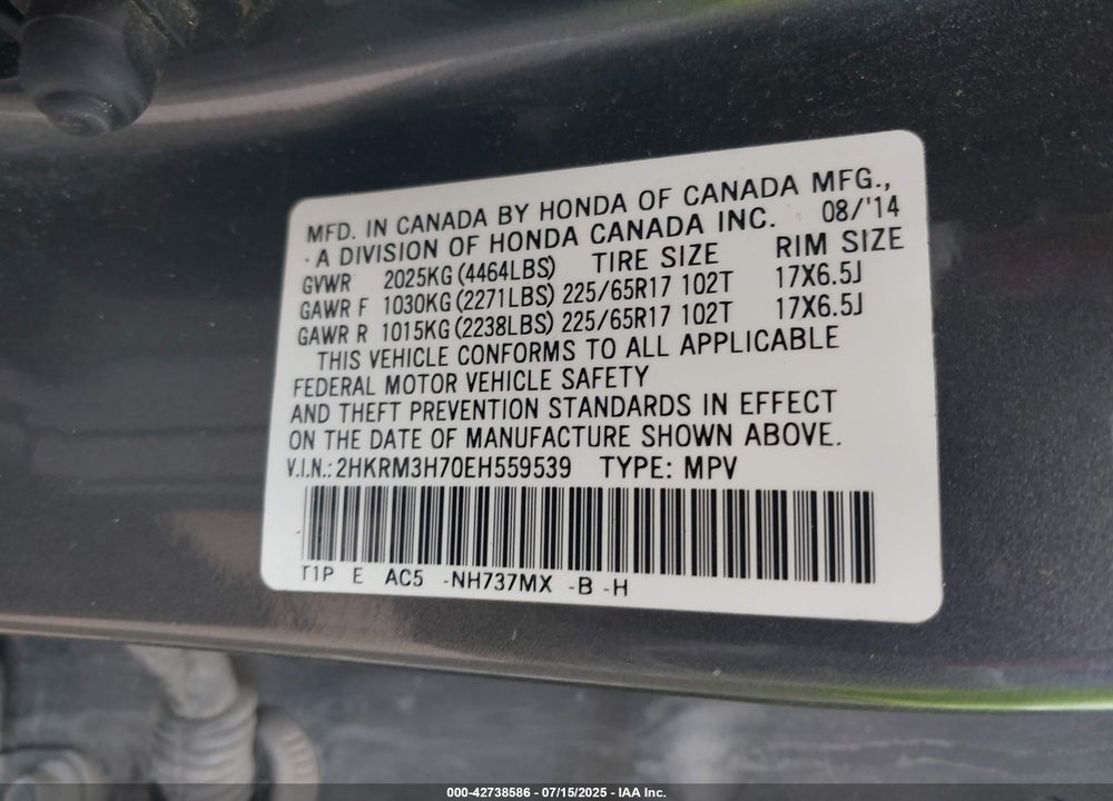 2014 HONDA CR-V VIN: 2HKRM3H70EH559539