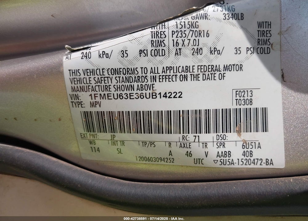 2006 FORD EXPLORER VIN: 1FMEU63E36UB14222