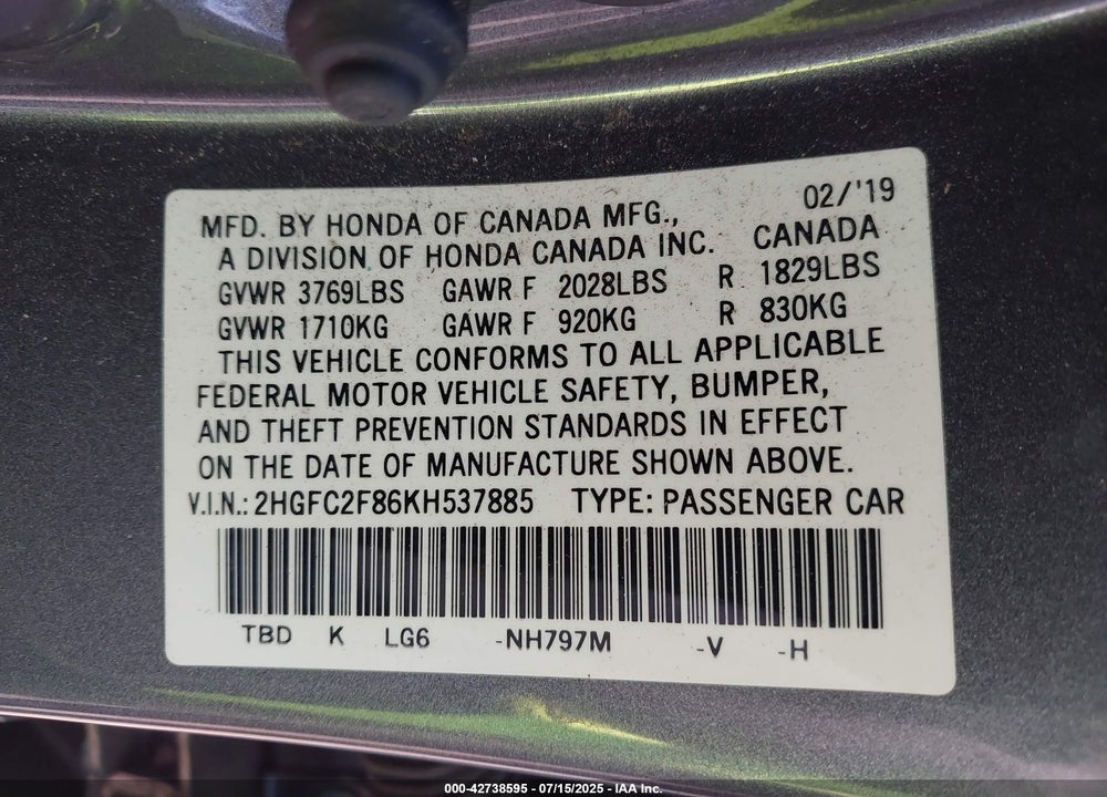 2019 HONDA CIVIC VIN: 2HGFC2F86KH537885