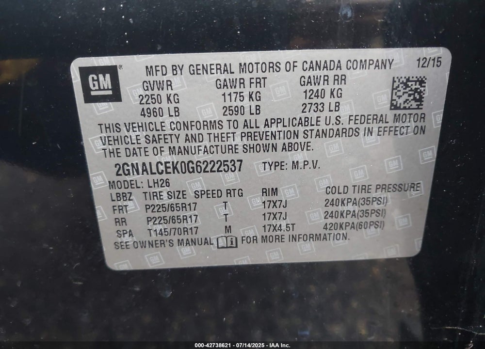 2016 CHEVROLET EQUINOX VIN: 2GNALCEK0G6222537