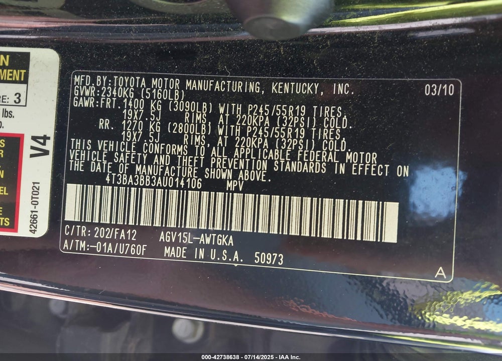 2010 TOYOTA VENZA VIN: 4T3BA3BB3AU014106