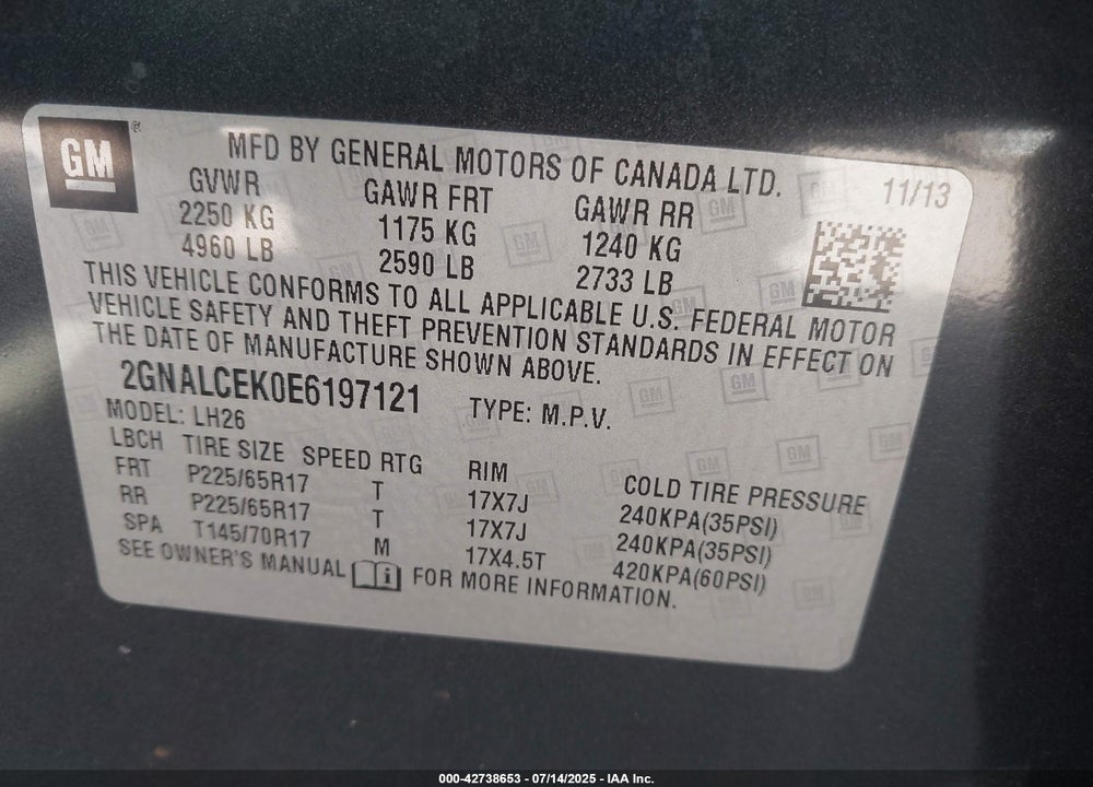 2014 CHEVROLET EQUINOX VIN: 2GNALCEK0E6197121