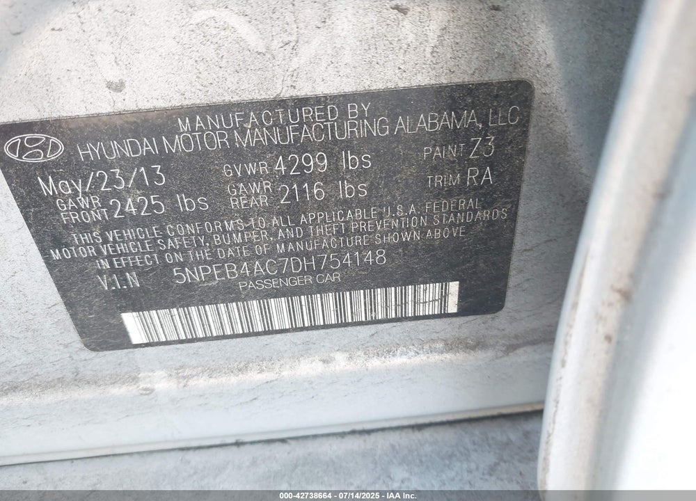 2013 HYUNDAI SONATA VIN: 5NPEB4AC7DH754148