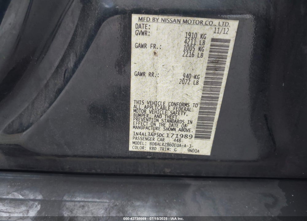 2013 NISSAN ALTIMA VIN: 1N4AL3AP5DC171989