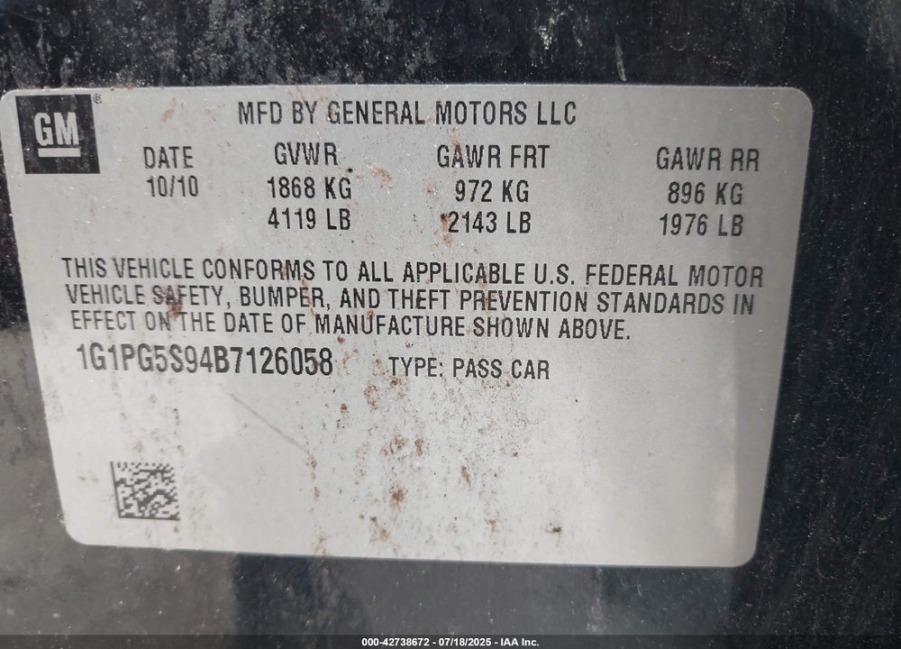 2011 CHEVROLET CRUZE VIN: 1G1PG5S94B7126058