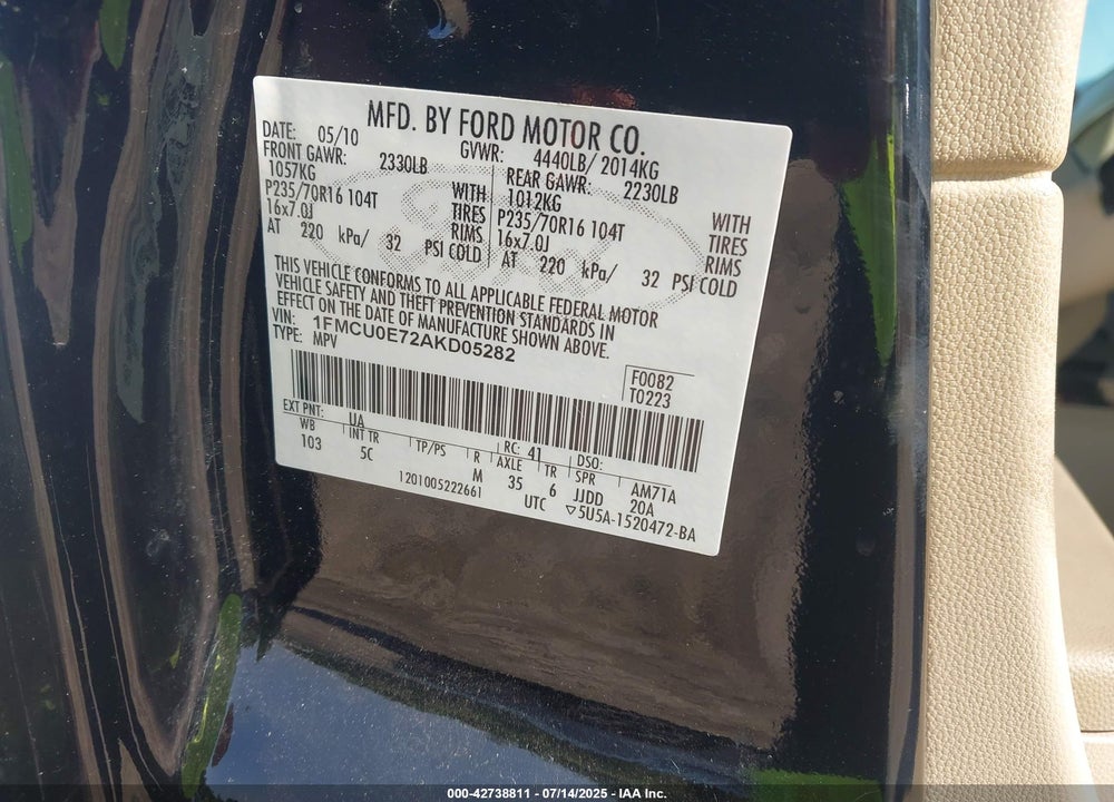 2010 FORD ESCAPE VIN: 1FMCU0E72AKD05282