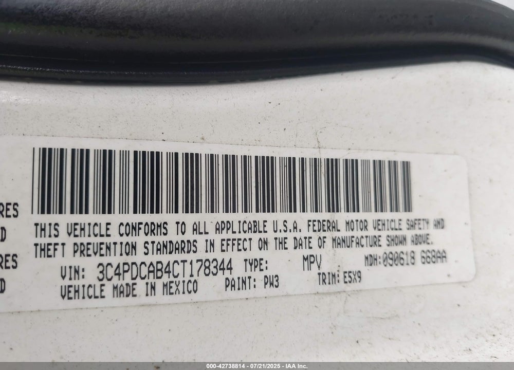 2012 DODGE JOURNEY SE/AVP VIN: 3C4PDCAB4CT178344