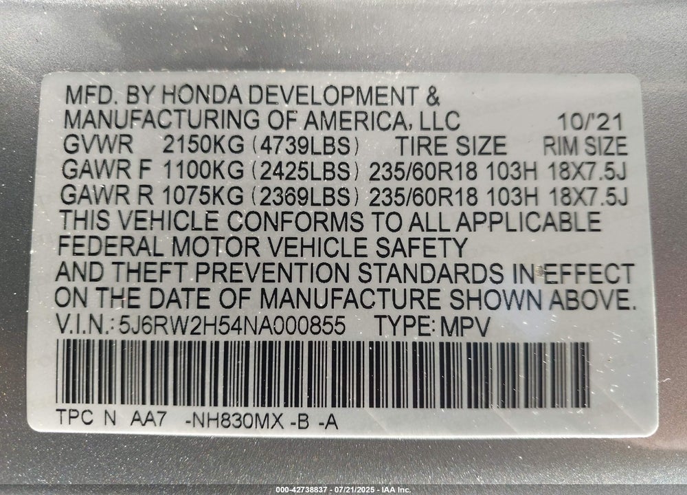 2022 HONDA CR-V VIN: 5J6RW2H54NA000855