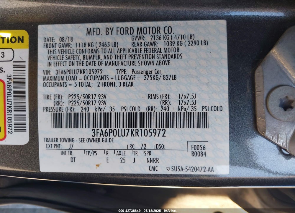 2019 FORD FUSION HYBRID VIN: 3FA6P0LU7KR105972