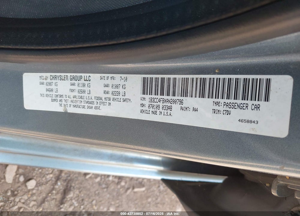 2010 DODGE AVENGER VIN: 1B3CC4FBXAN200796