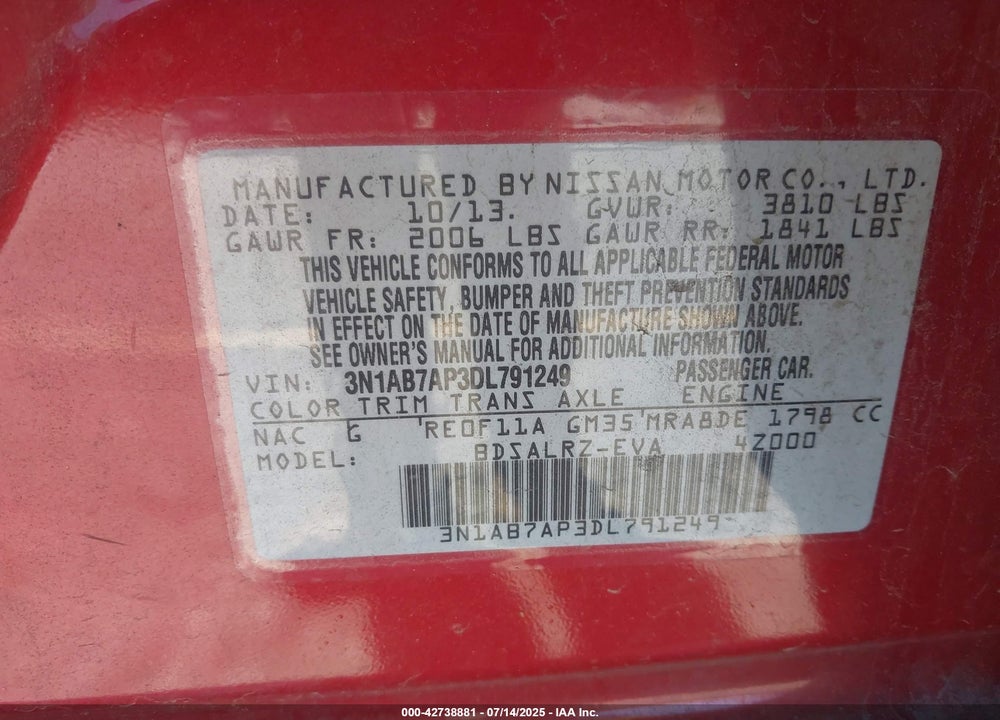 2013 NISSAN SENTRA VIN: 3N1AB7AP3DL791249