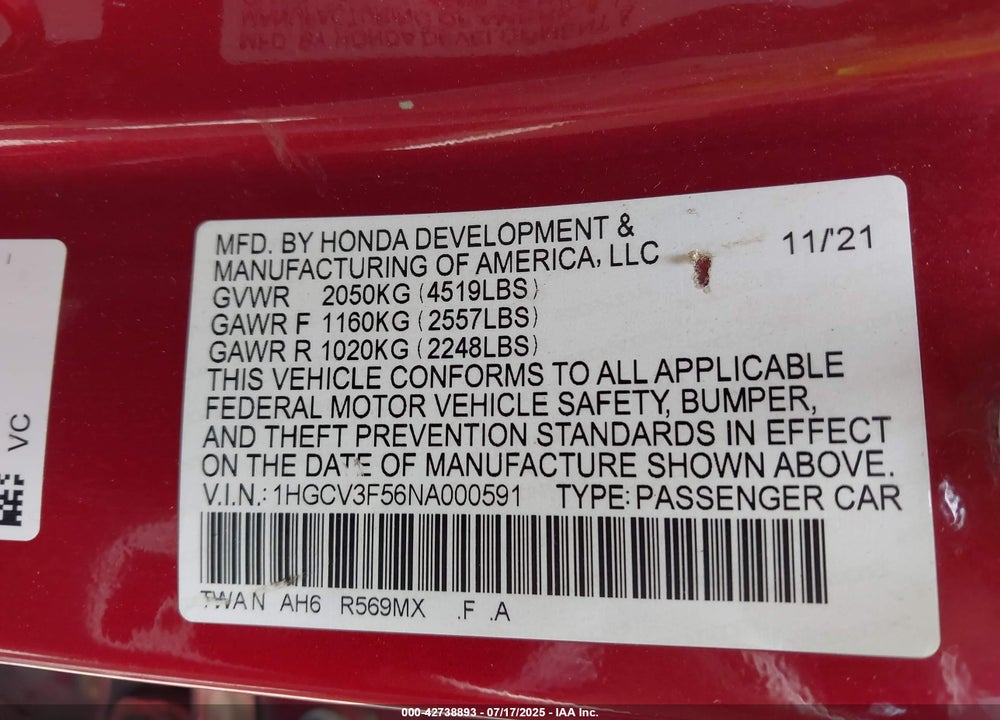 2022 HONDA ACCORD VIN: 1HGCV3F56NA000591