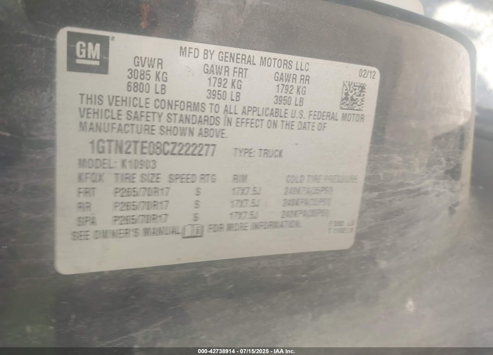 2012 GMC SIERRA 1500 VIN: 1GTN2TE08CZ222277