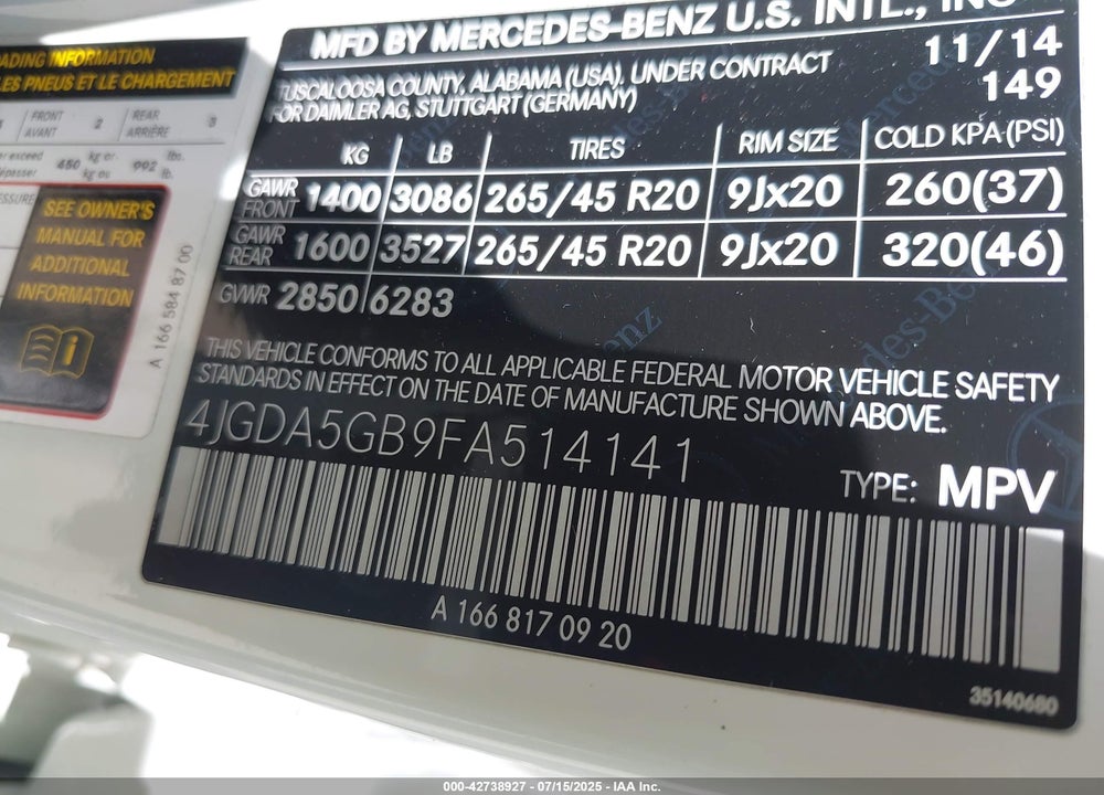 2015 MERCEDES-BENZ ML-CLASS VIN: 4JGDA5GB9FA514141