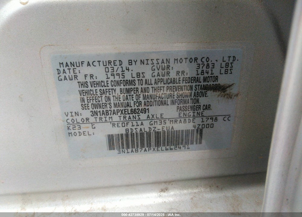 2014 NISSAN SENTRA VIN: 3N1AB7APXEL662491