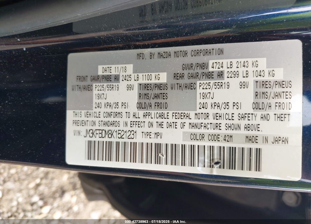 2019 MAZDA CX-5 VIN: JM3KFBDM8K1521231
