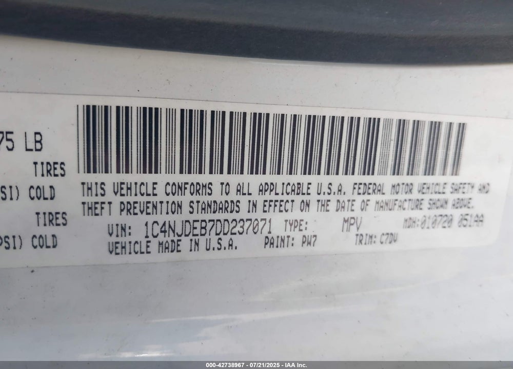 2013 JEEP COMPASS VIN: 1C4NJDEB7DD237071