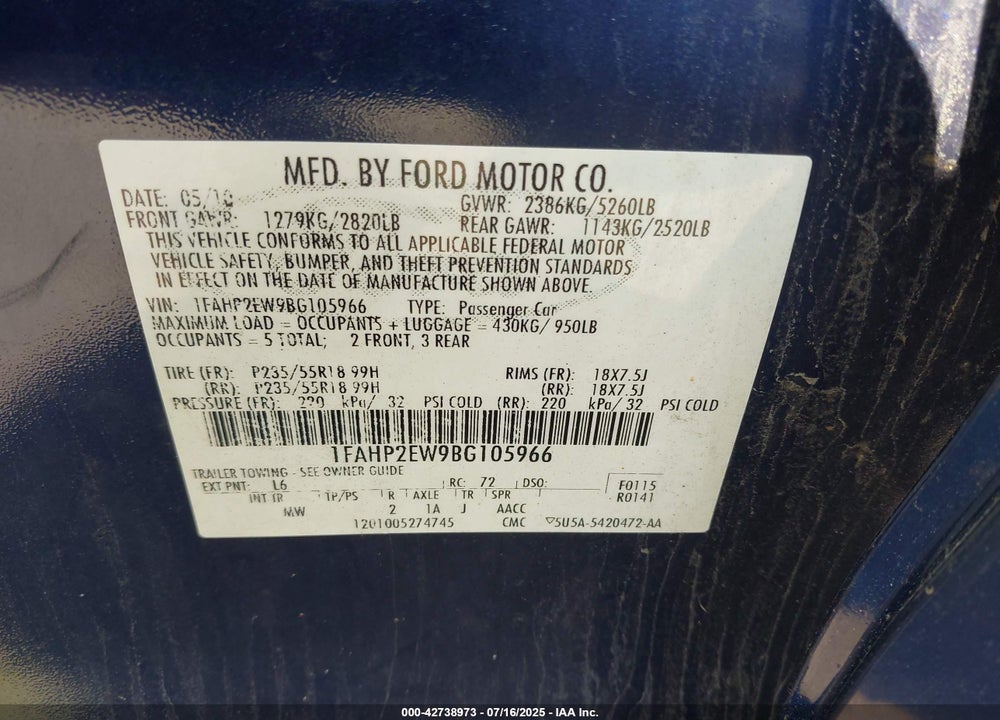 2011 FORD TAURUS VIN: 1FAHP2EW9BG105966