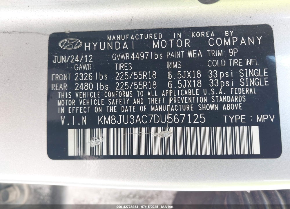 2013 HYUNDAI TUCSON VIN: KM8JU3AC7DU567125
