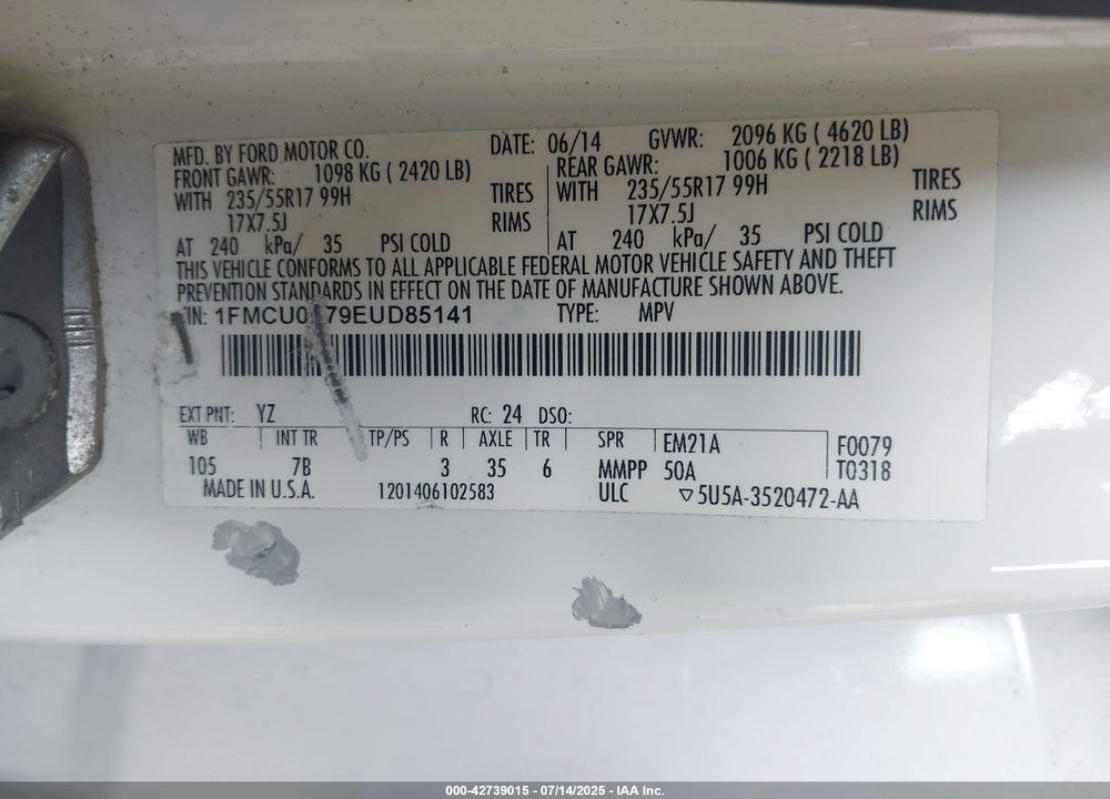 2014 FORD ESCAPE VIN: 1FMCU0F79EUD85141