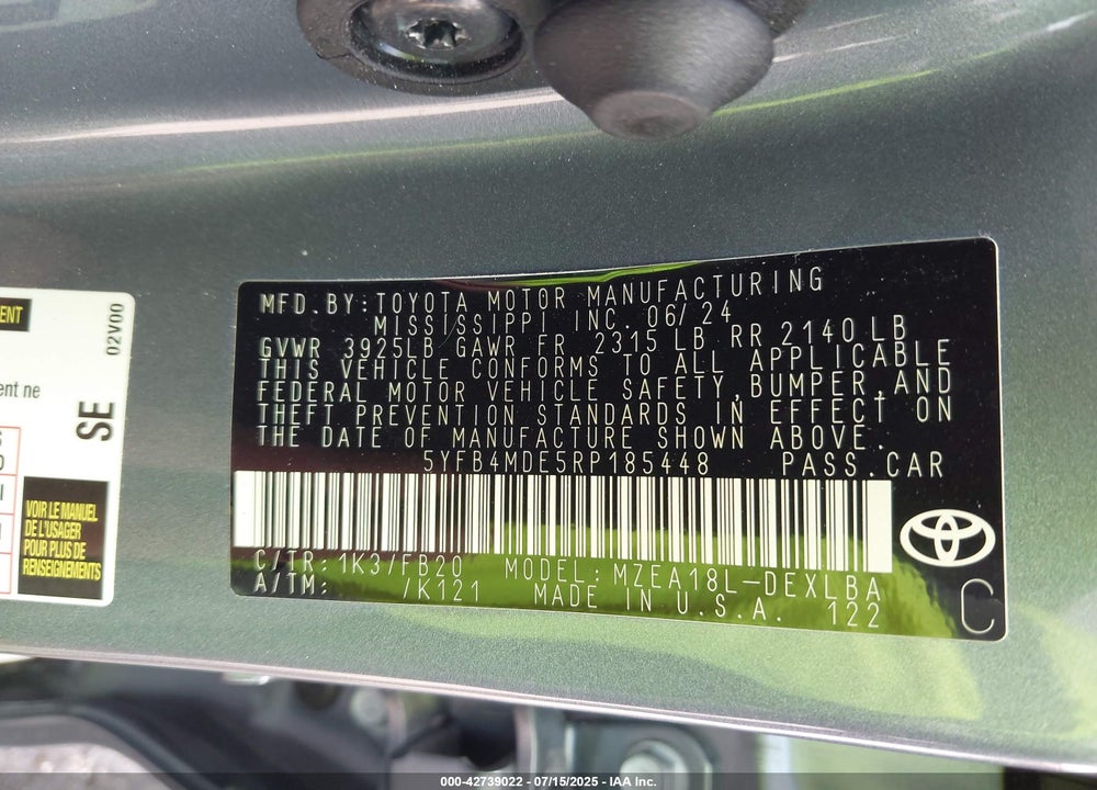 2024 TOYOTA COROLLA LE VIN: 5YFB4MDE5RP185448