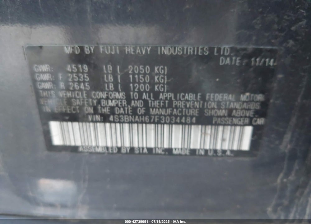 2015 SUBARU LEGACY VIN: 4S3BNAH67F3034484