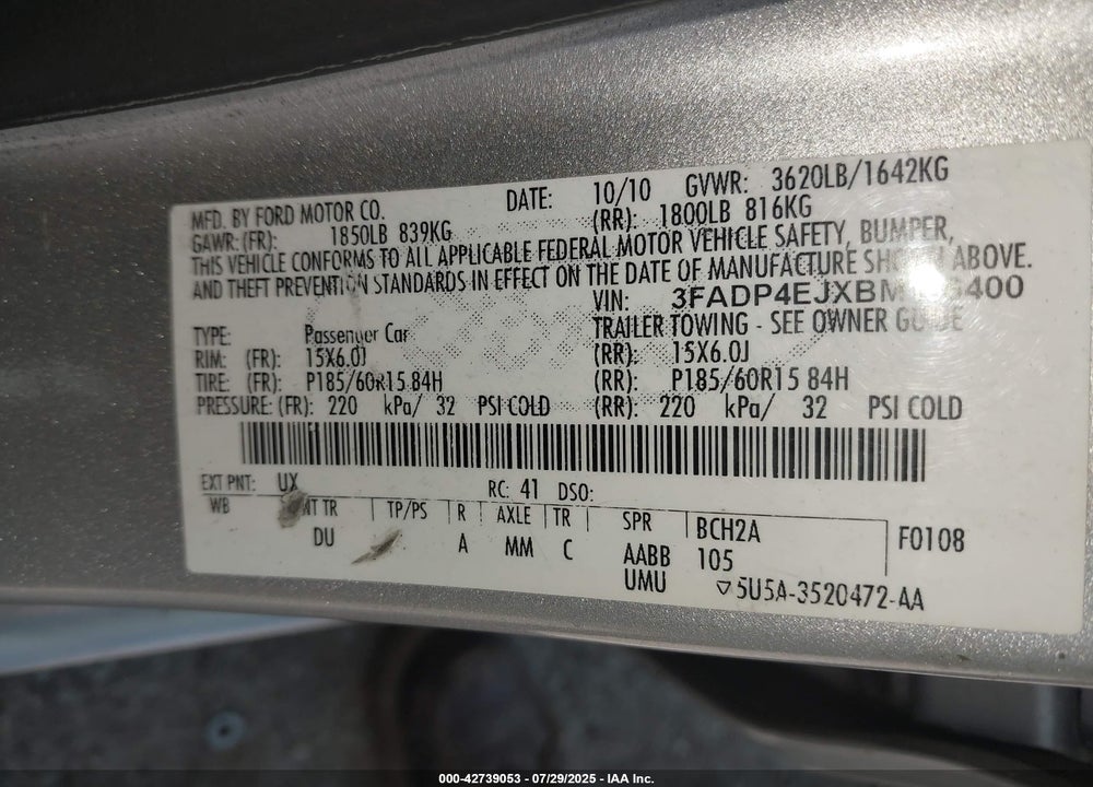 2011 FORD FIESTA VIN: 3FADP4EJXBM156400