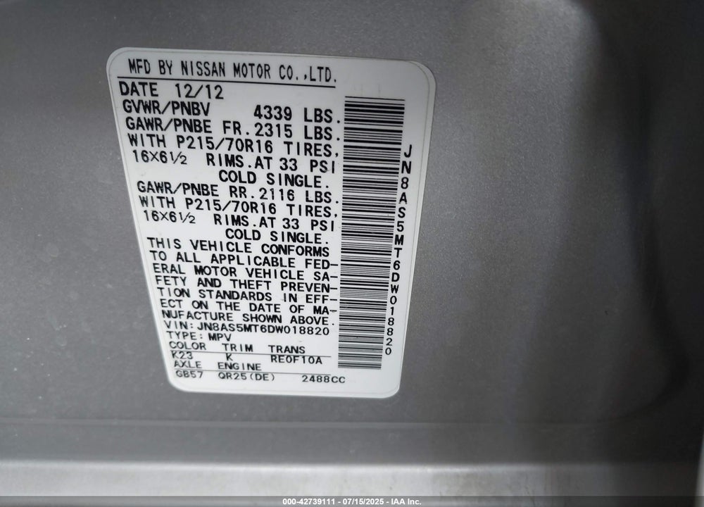 2013 NISSAN ROGUE VIN: JN8AS5MT6DW018820
