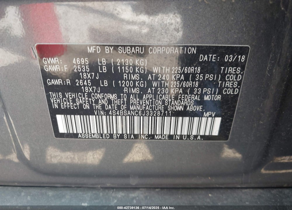 2018 SUBARU OUTBACK VIN: 4S4BSANC6J3328711