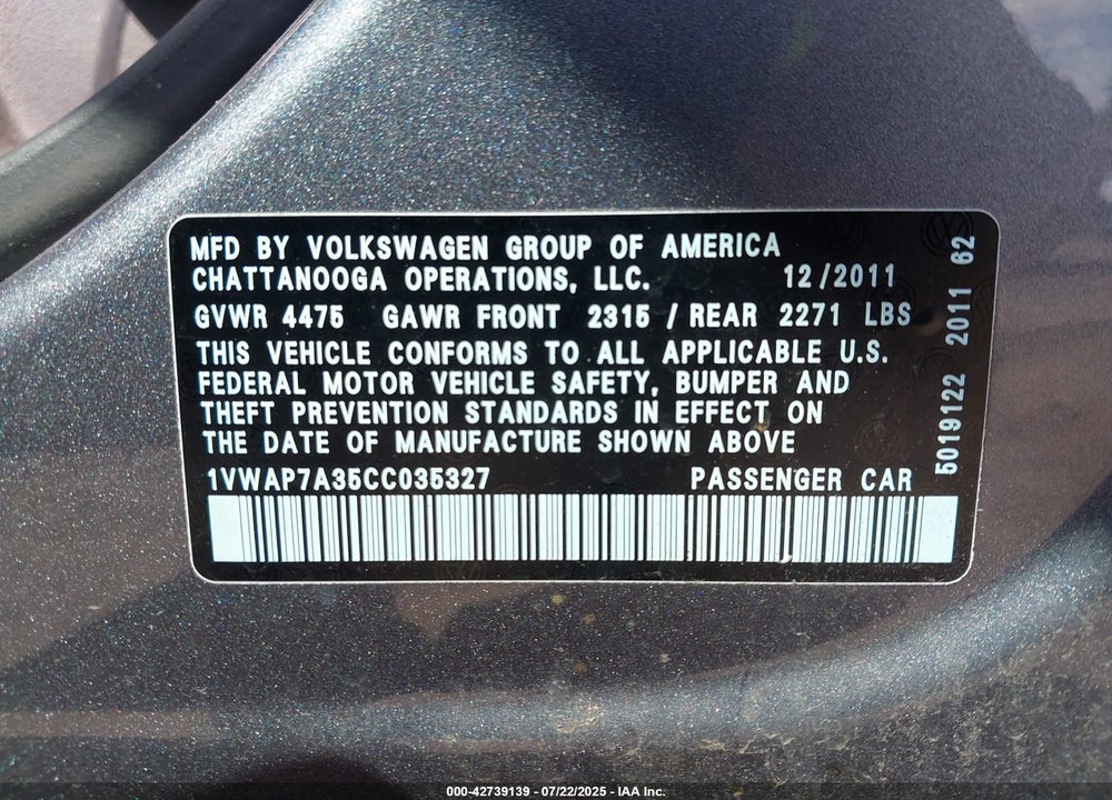 2012 VOLKSWAGEN PASSAT 2.5L S VIN: 1VWAP7A35CC035327