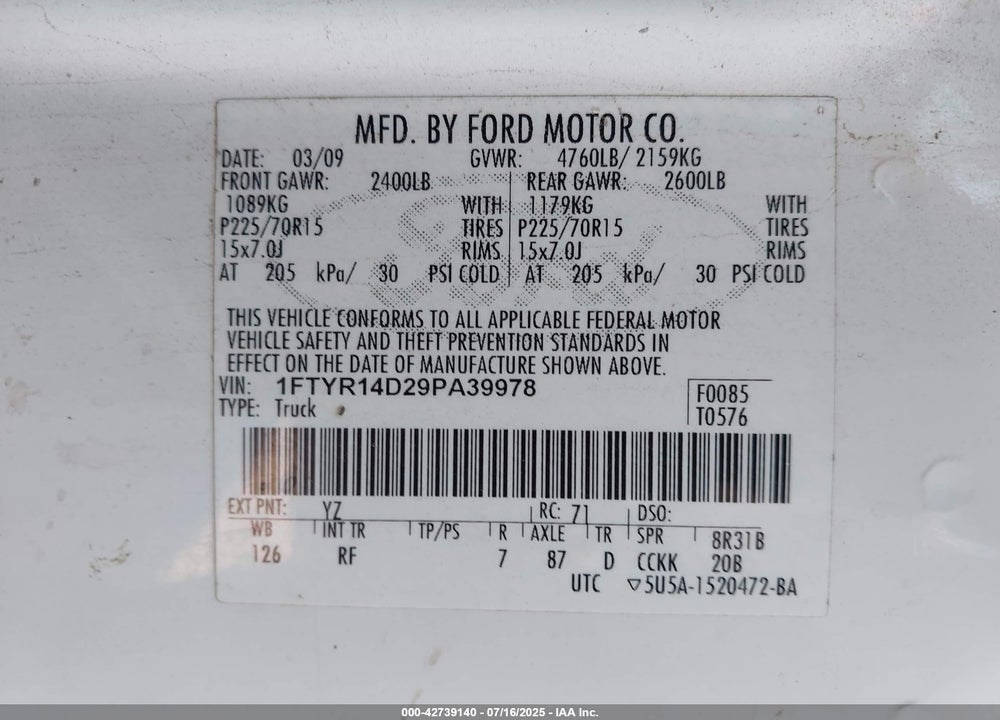 2009 FORD RANGER VIN: 1FTYR14D29PA39978