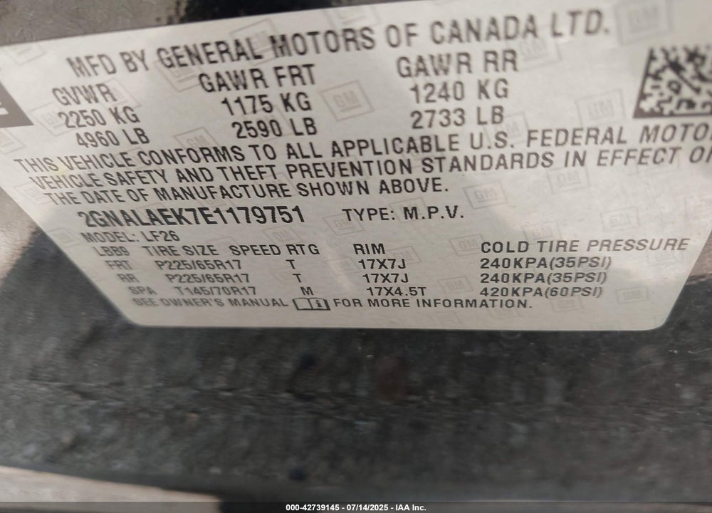2014 CHEVROLET EQUINOX VIN: 2GNALAEK7E1179751