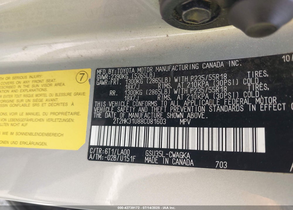 2008 LEXUS RX 350 VIN: 2T2HK31U88C081603