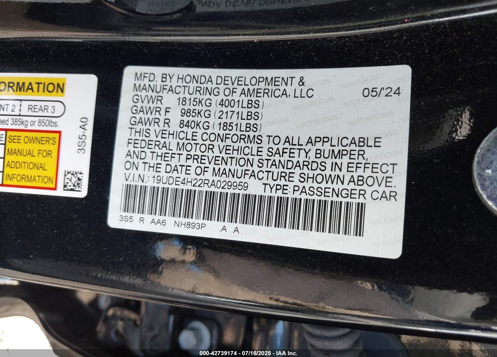 2024 ACURA INTEGRA VIN: 19UDE4H22RA029959
