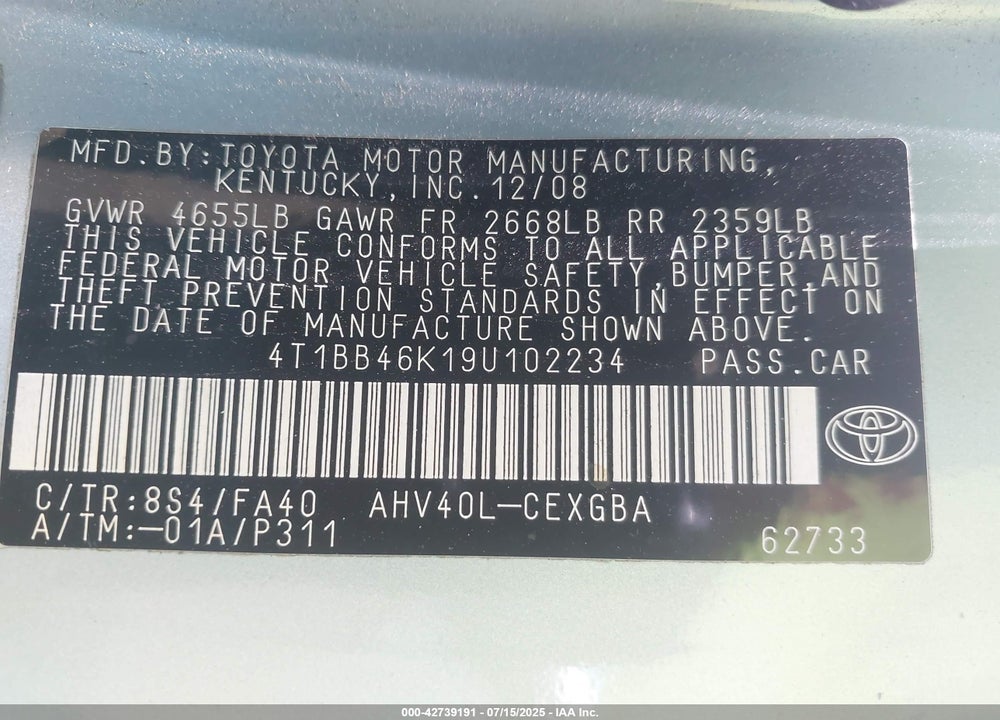 2009 TOYOTA CAMRY HYBRID VIN: 4T1BB46K19U102234