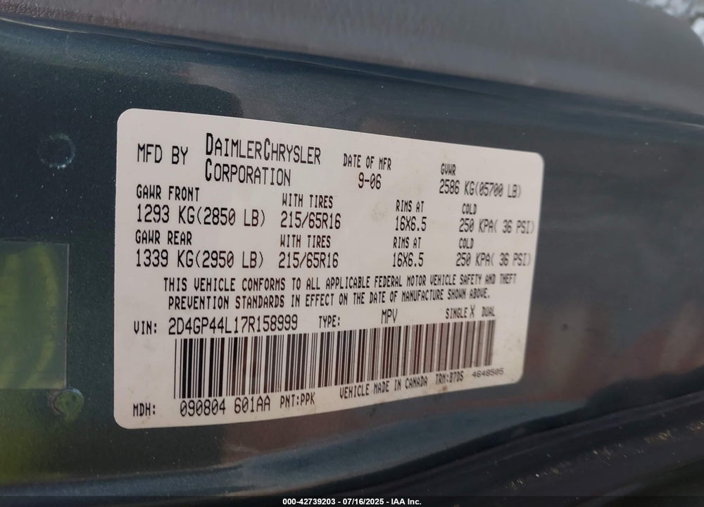 2007 DODGE GRAND CARAVAN SXT VIN: 2D4GP44L17R158999